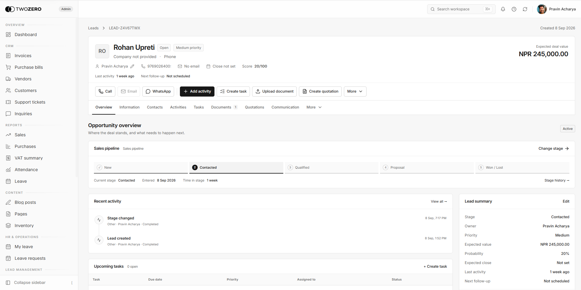 Twozero workspace dashboard